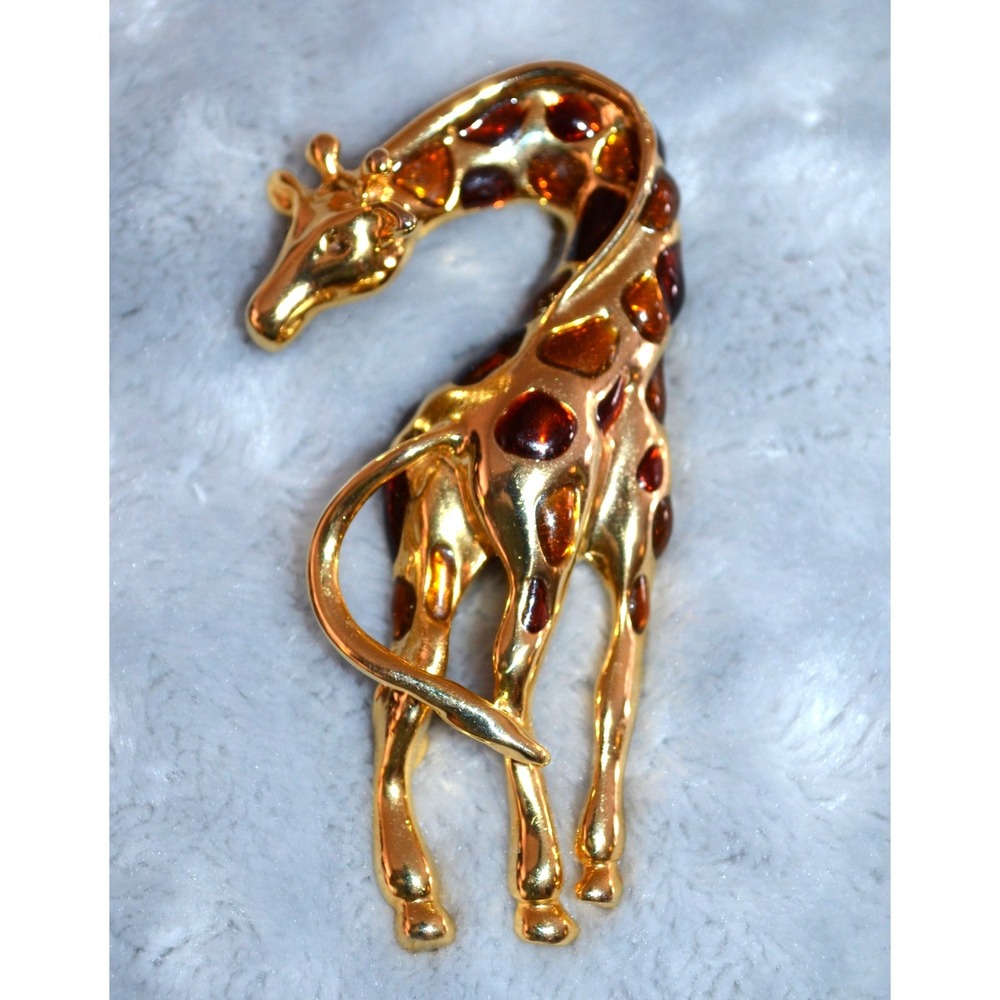 Vintage Gold Tone Giraffe Brooch / Pin  2.75"  Brown Rhinestone‎ Setting